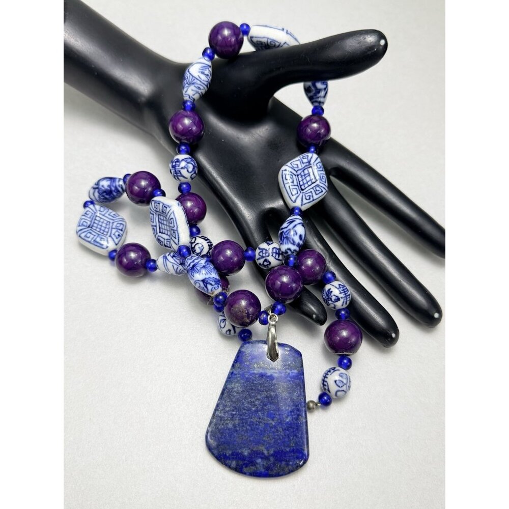 Vintage Lapis Lazuli Pendant Necklace Purple Stone Hand Painted Ceramic